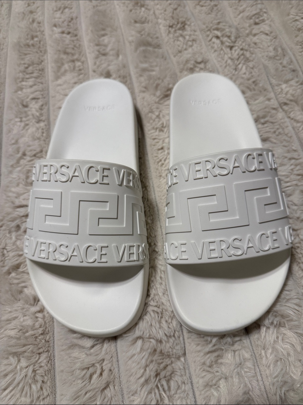 Versace White Embossed Logo Slide Sandals